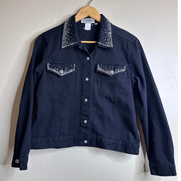 Vintage Christine Alexander Swarovski® Crystal Embellished Black Denim Jacket - Picture 1 of 6